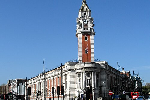 Lambeth Town hall from across the street, against a blue sky